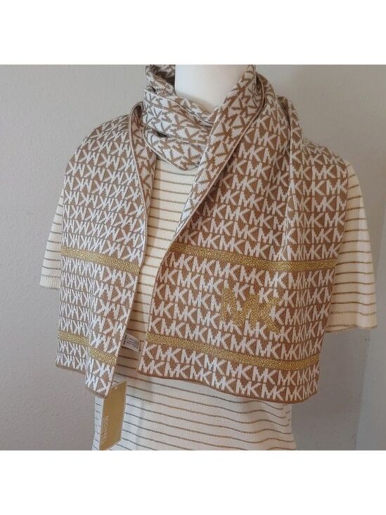 MICHAEL Michael Kors Accessories - Michael Kors Signature Women's Knit Scarf in Tan & Cream Metallic Accents NWT